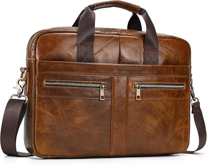 SAIION Genuine Leather Briefcase for Men, Laptop Computer Shoulder Bag With Strap, 15.6 Inch Business Travel Work Handbag - Image 1